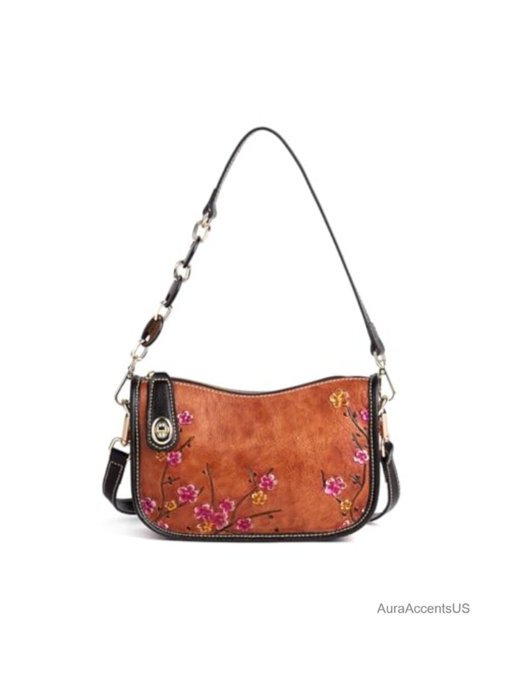 Genuine Leather Shoulder Bag Crossbody Purse Flower Embossed Underarm Bag